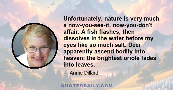 Unfortunately, nature is very much a now-you-see-it, now-you-don't affair. A fish flashes, then dissolves in the water before my eyes like so much salt. Deer apparently ascend bodily into heaven; the brightest oriole