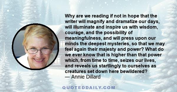 Why are we reading if not in hope that the writer will magnify and dramatize our days, will illuminate and inspire us with wisdom, courage, and the possibility of meaningfulness, and will press upon our minds the