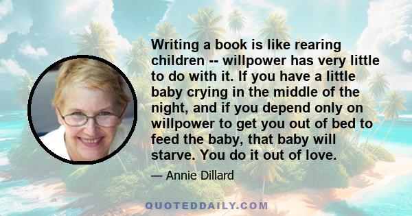 Writing a book is like rearing children -- willpower has very little to do with it. If you have a little baby crying in the middle of the night, and if you depend only on willpower to get you out of bed to feed the