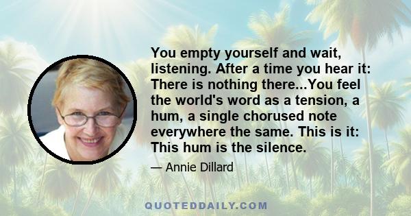 You empty yourself and wait, listening. After a time you hear it: There is nothing there...You feel the world's word as a tension, a hum, a single chorused note everywhere the same. This is it: This hum is the silence.