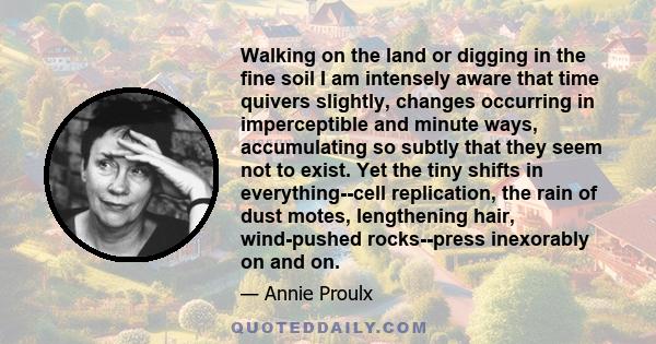 Walking on the land or digging in the fine soil I am intensely aware that time quivers slightly, changes occurring in imperceptible and minute ways, accumulating so subtly that they seem not to exist. Yet the tiny