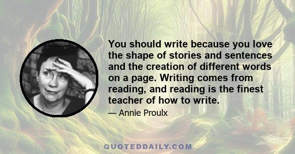 You should write because you love the shape of stories and sentences and the creation of different words on a page. Writing comes from reading, and reading is the finest teacher of how to write.