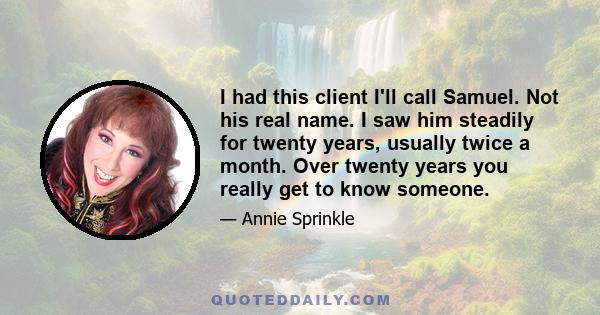 I had this client I'll call Samuel. Not his real name. I saw him steadily for twenty years, usually twice a month. Over twenty years you really get to know someone.