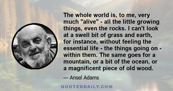 The whole world is, to me, very much alive - all the little growing things, even the rocks. I can't look at a swell bit of grass and earth, for instance, without feeling the essential life - the things going on - within 