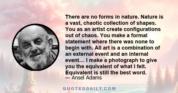 There are no forms in nature. Nature is a vast, chaotic collection of shapes. You as an artist create configurations out of chaos. You make a formal statement where there was none to begin with. All art is a combination 