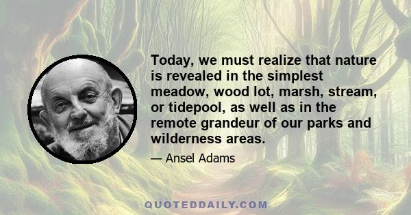 Today, we must realize that nature is revealed in the simplest meadow, wood lot, marsh, stream, or tidepool, as well as in the remote grandeur of our parks and wilderness areas.