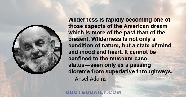 Wilderness is rapidly becoming one of those aspects of the American dream which is more of the past than of the present. Wilderness is not only a condition of nature, but a state of mind and mood and heart. It cannot be 