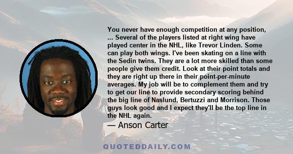 You never have enough competition at any position, ... Several of the players listed at right wing have played center in the NHL, like Trevor Linden. Some can play both wings. I've been skating on a line with the Sedin