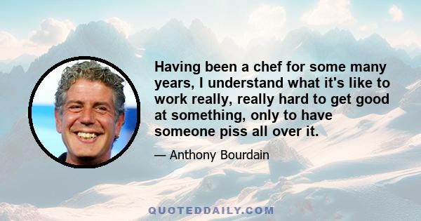 Having been a chef for some many years, I understand what it's like to work really, really hard to get good at something, only to have someone piss all over it.