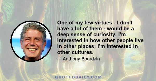 One of my few virtues - I don't have a lot of them - would be a deep sense of curiosity. I'm interested in how other people live in other places; I'm interested in other cultures.