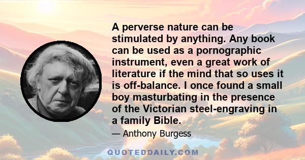 A perverse nature can be stimulated by anything. Any book can be used as a pornographic instrument, even a great work of literature if the mind that so uses it is off-balance. I once found a small boy masturbating in