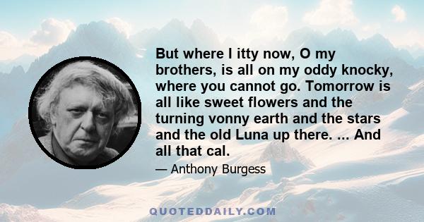 But where I itty now, O my brothers, is all on my oddy knocky, where you cannot go. Tomorrow is all like sweet flowers and the turning vonny earth and the stars and the old Luna up there. ... And all that cal.