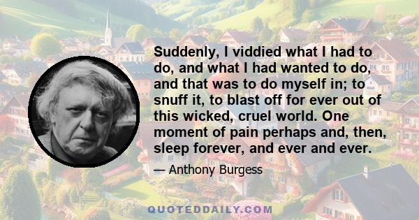 Suddenly, I viddied what I had to do, and what I had wanted to do, and that was to do myself in; to snuff it, to blast off for ever out of this wicked, cruel world. One moment of pain perhaps and, then, sleep forever,