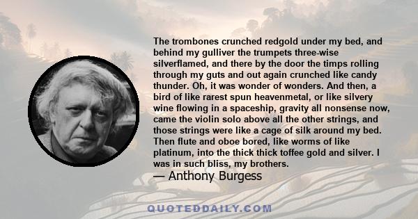 The trombones crunched redgold under my bed, and behind my gulliver the trumpets three-wise silverflamed, and there by the door the timps rolling through my guts and out again crunched like candy thunder. Oh, it was