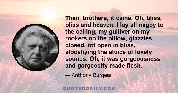 Then, brothers, it came. Oh, bliss, bliss and heaven. I lay all nagoy to the ceiling, my gulliver on my rookers on the pillow, glazzies closed, rot open in bliss, slooshying the sluice of lovely sounds. Oh, it was