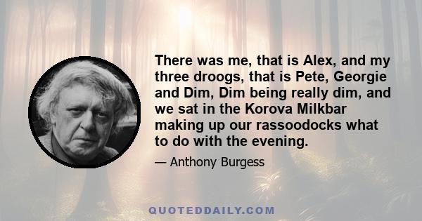 There was me, that is Alex, and my three droogs, that is Pete, Georgie and Dim, Dim being really dim, and we sat in the Korova Milkbar making up our rassoodocks what to do with the evening.