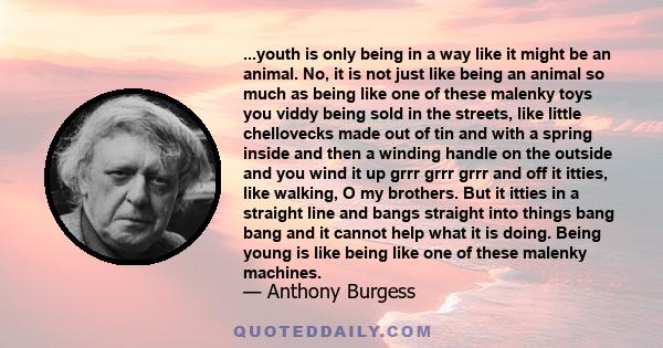 ...youth is only being in a way like it might be an animal. No, it is not just like being an animal so much as being like one of these malenky toys you viddy being sold in the streets, like little chellovecks made out