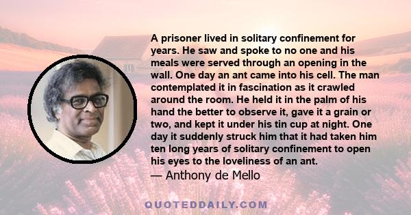 A prisoner lived in solitary confinement for years. He saw and spoke to no one and his meals were served through an opening in the wall. One day an ant came into his cell. The man contemplated it in fascination as it