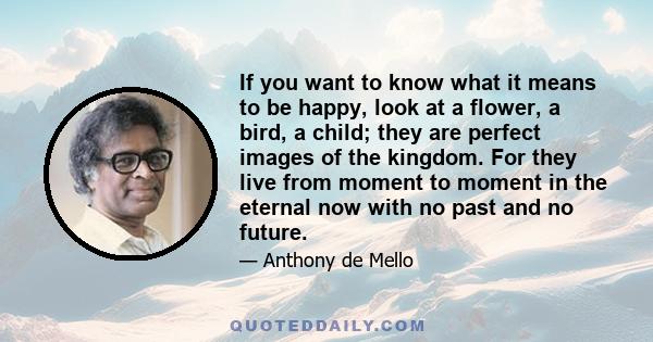 If you want to know what it means to be happy, look at a flower, a bird, a child; they are perfect images of the kingdom. For they live from moment to moment in the eternal now with no past and no future.