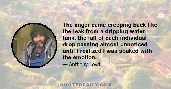 The anger came creeping back like the leak from a dripping water tank, the fall of each individual drop passing almost unnoticed until I realized I was soaked with the emotion.