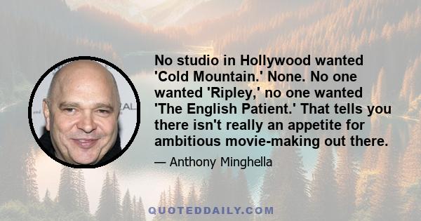 No studio in Hollywood wanted 'Cold Mountain.' None. No one wanted 'Ripley,' no one wanted 'The English Patient.' That tells you there isn't really an appetite for ambitious movie-making out there.