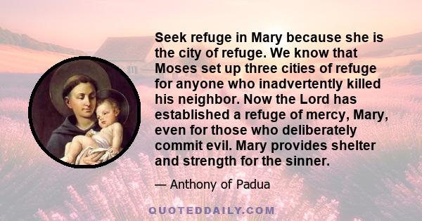 Seek refuge in Mary because she is the city of refuge. We know that Moses set up three cities of refuge for anyone who inadvertently killed his neighbor. Now the Lord has established a refuge of mercy, Mary, even for