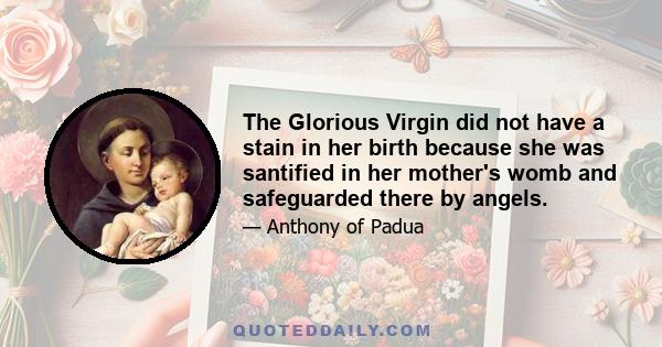 The Glorious Virgin did not have a stain in her birth because she was santified in her mother's womb and safeguarded there by angels.