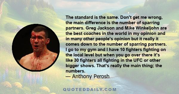 The standard is the same. Don't get me wrong, the main difference is the number of sparring partners. Greg Jackson and Mike Winkeljohn are the best coaches in the world in my opinion and in many other people's opinion