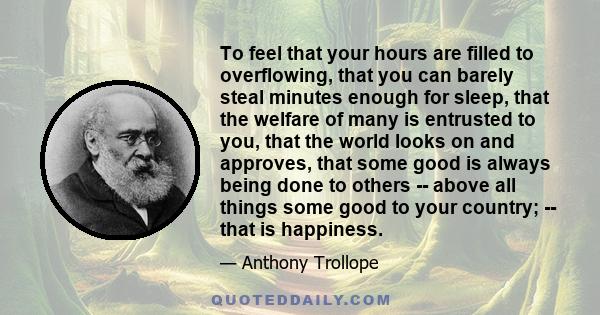 To feel that your hours are filled to overflowing, that you can barely steal minutes enough for sleep, that the welfare of many is entrusted to you, that the world looks on and approves, that some good is always being