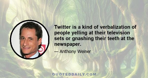 Twitter is a kind of verbalization of people yelling at their television sets or gnashing their teeth at the newspaper.