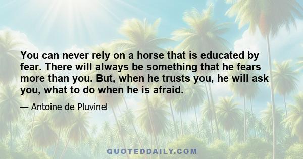 You can never rely on a horse that is educated by fear. There will always be something that he fears more than you. But, when he trusts you, he will ask you, what to do when he is afraid.