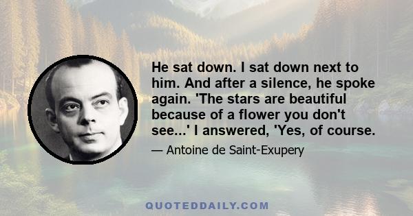 He sat down. I sat down next to him. And after a silence, he spoke again. 'The stars are beautiful because of a flower you don't see...' I answered, 'Yes, of course.