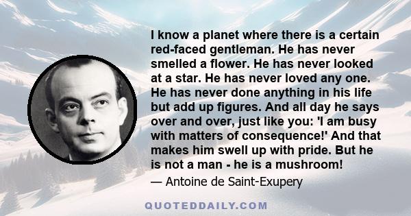 I know a planet where there is a certain red-faced gentleman. He has never smelled a flower. He has never looked at a star. He has never loved any one. He has never done anything in his life but add up figures. And all