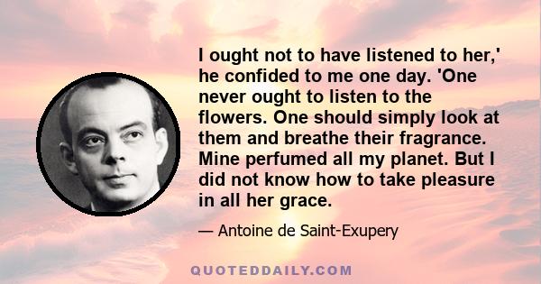 I ought not to have listened to her,' he confided to me one day. 'One never ought to listen to the flowers. One should simply look at them and breathe their fragrance. Mine perfumed all my planet. But I did not know how 