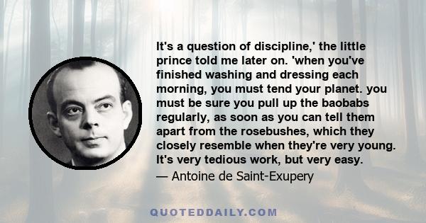 It's a question of discipline,' the little prince told me later on. 'when you've finished washing and dressing each morning, you must tend your planet. you must be sure you pull up the baobabs regularly, as soon as you