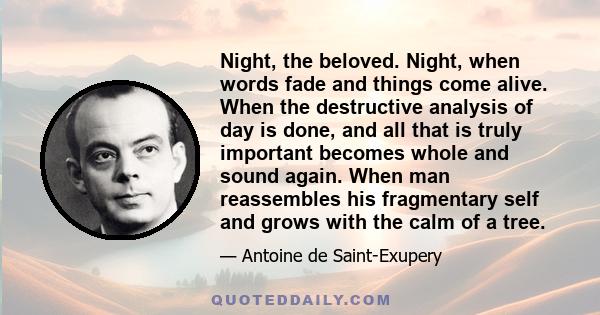 Night, the beloved. Night, when words fade and things come alive. When the destructive analysis of day is done, and all that is truly important becomes whole and sound again. When man reassembles his fragmentary self