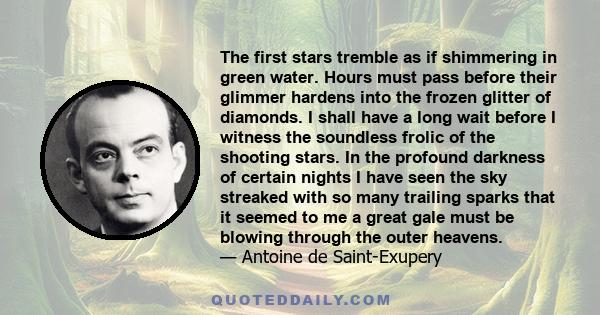 The first stars tremble as if shimmering in green water. Hours must pass before their glimmer hardens into the frozen glitter of diamonds. I shall have a long wait before I witness the soundless frolic of the shooting