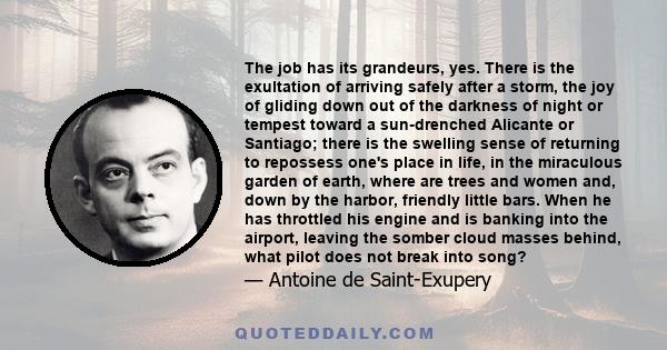 The job has its grandeurs, yes. There is the exultation of arriving safely after a storm, the joy of gliding down out of the darkness of night or tempest toward a sun-drenched Alicante or Santiago; there is the swelling 