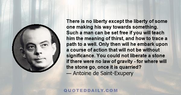 There is no liberty except the liberty of some one making his way towards something. Such a man can be set free if you will teach him the meaning of thirst, and how to trace a path to a well. Only then will he embark