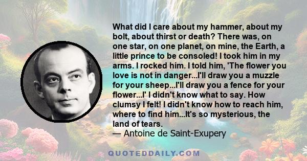 What did I care about my hammer, about my bolt, about thirst or death? There was, on one star, on one planet, on mine, the Earth, a little prince to be consoled! I took him in my arms. I rocked him. I told him, 'The