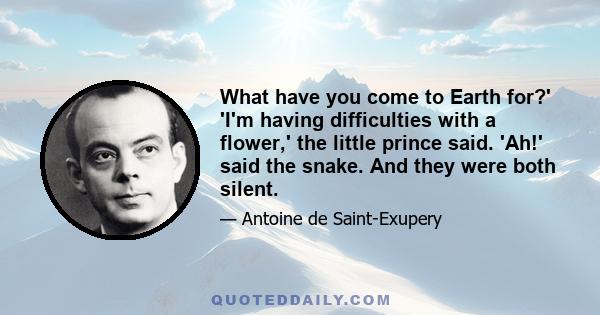 What have you come to Earth for?' 'I'm having difficulties with a flower,' the little prince said. 'Ah!' said the snake. And they were both silent.