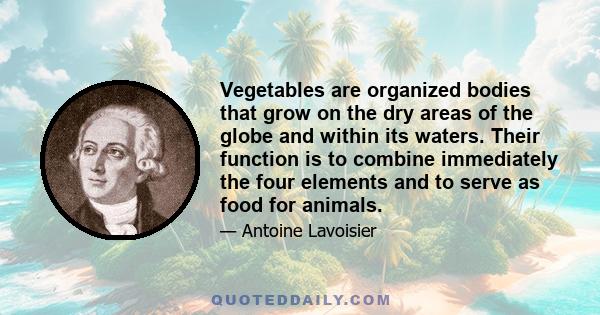 Vegetables are organized bodies that grow on the dry areas of the globe and within its waters. Their function is to combine immediately the four elements and to serve as food for animals.