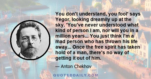 You don't understand, you fool' says Yegor, looking dreamily up at the sky. 'You've never understood what kind of person I am, nor will you in a million years... You just think I'm a mad person who has thrown his life