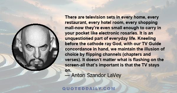 There are television sets in every home, every restaurant, every hotel room, every shopping mall-now they’re even small enough to carry in your pocket like electronic rosaries. It is an unquestioned part of everyday