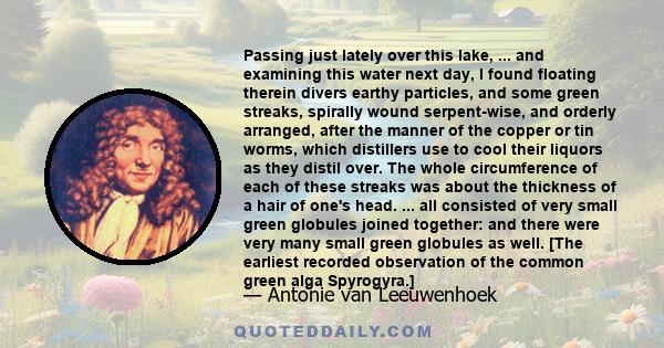 Passing just lately over this lake, ... and examining this water next day, I found floating therein divers earthy particles, and some green streaks, spirally wound serpent-wise, and orderly arranged, after the manner of 