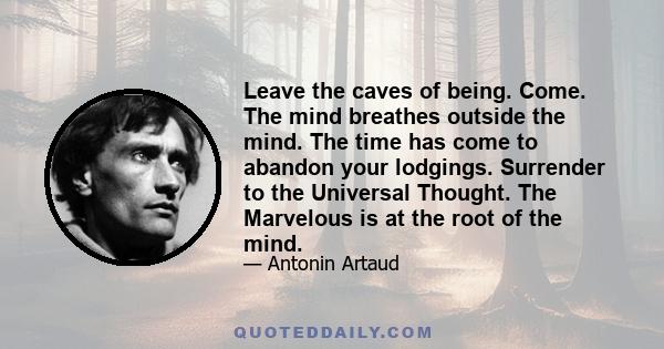 Leave the caves of being. Come. The mind breathes outside the mind. The time has come to abandon your lodgings. Surrender to the Universal Thought. The Marvelous is at the root of the mind.