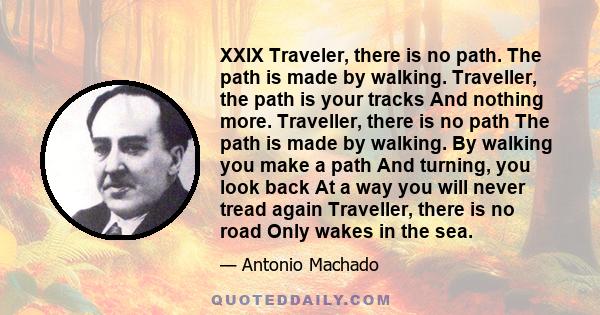 XXIX Traveler, there is no path. The path is made by walking. Traveller, the path is your tracks And nothing more. Traveller, there is no path The path is made by walking. By walking you make a path And turning, you