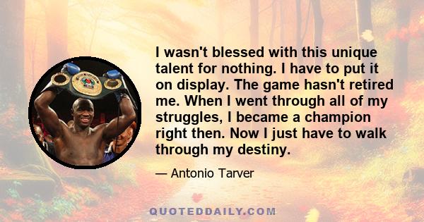 I wasn't blessed with this unique talent for nothing. I have to put it on display. The game hasn't retired me. When I went through all of my struggles, I became a champion right then. Now I just have to walk through my