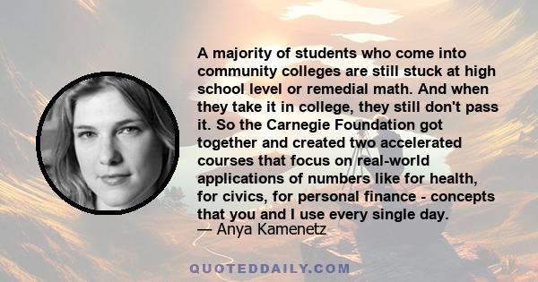 A majority of students who come into community colleges are still stuck at high school level or remedial math. And when they take it in college, they still don't pass it. So the Carnegie Foundation got together and