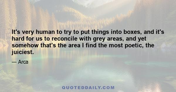 It's very human to try to put things into boxes, and it's hard for us to reconcile with grey areas, and yet somehow that's the area I find the most poetic, the juiciest.